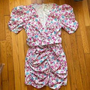Floral Ruched Puff Sleeve Dress L